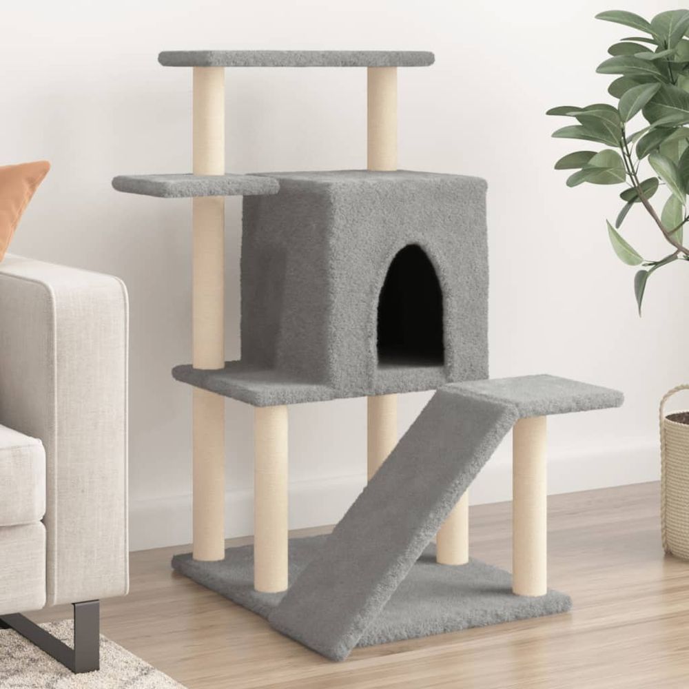 Arbre à chat multi-niveaux en sisal avec niche et échelle gris clair 97 cm