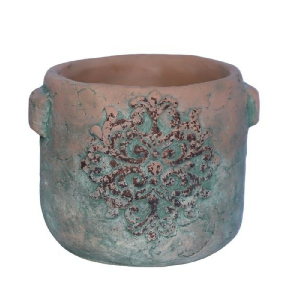 Cache-pot rond en ciment vieilli effet poterieø.15,5 x ht.13 cm