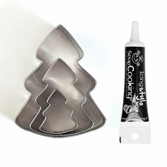 3 mini emporte-pièces inox sapins + stylo de glaçage noir