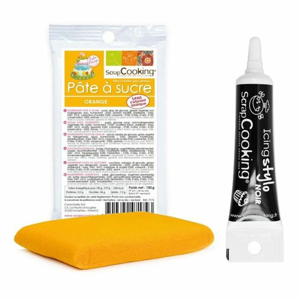 Pâte à sucre orange 100 g + stylo de glaçage noir