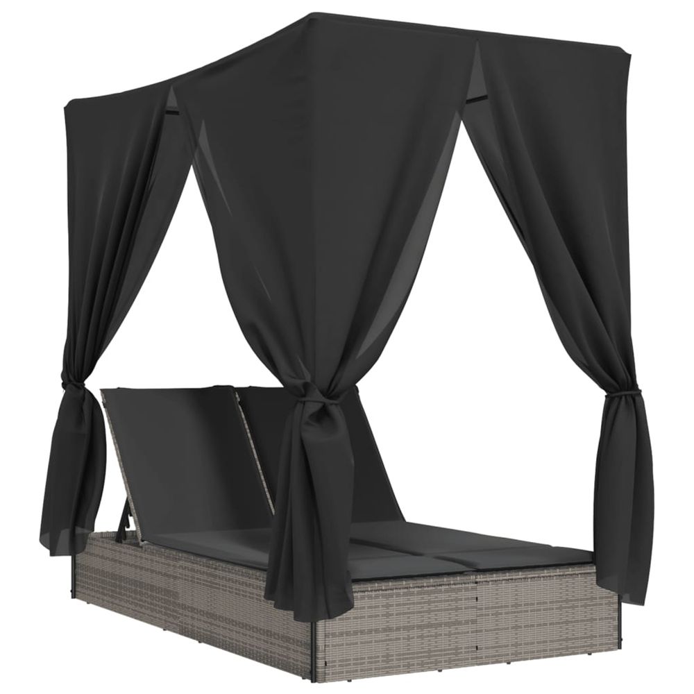 Chaise longue double avec toit et rideaux gris résine tressée bain de soleil