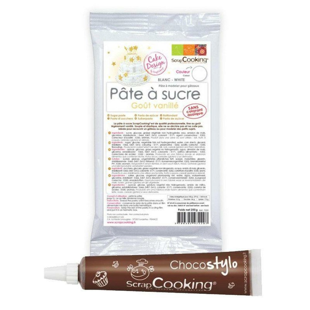 Pâte à sucre blanche arôme vanille 250 g + stylo chocolat