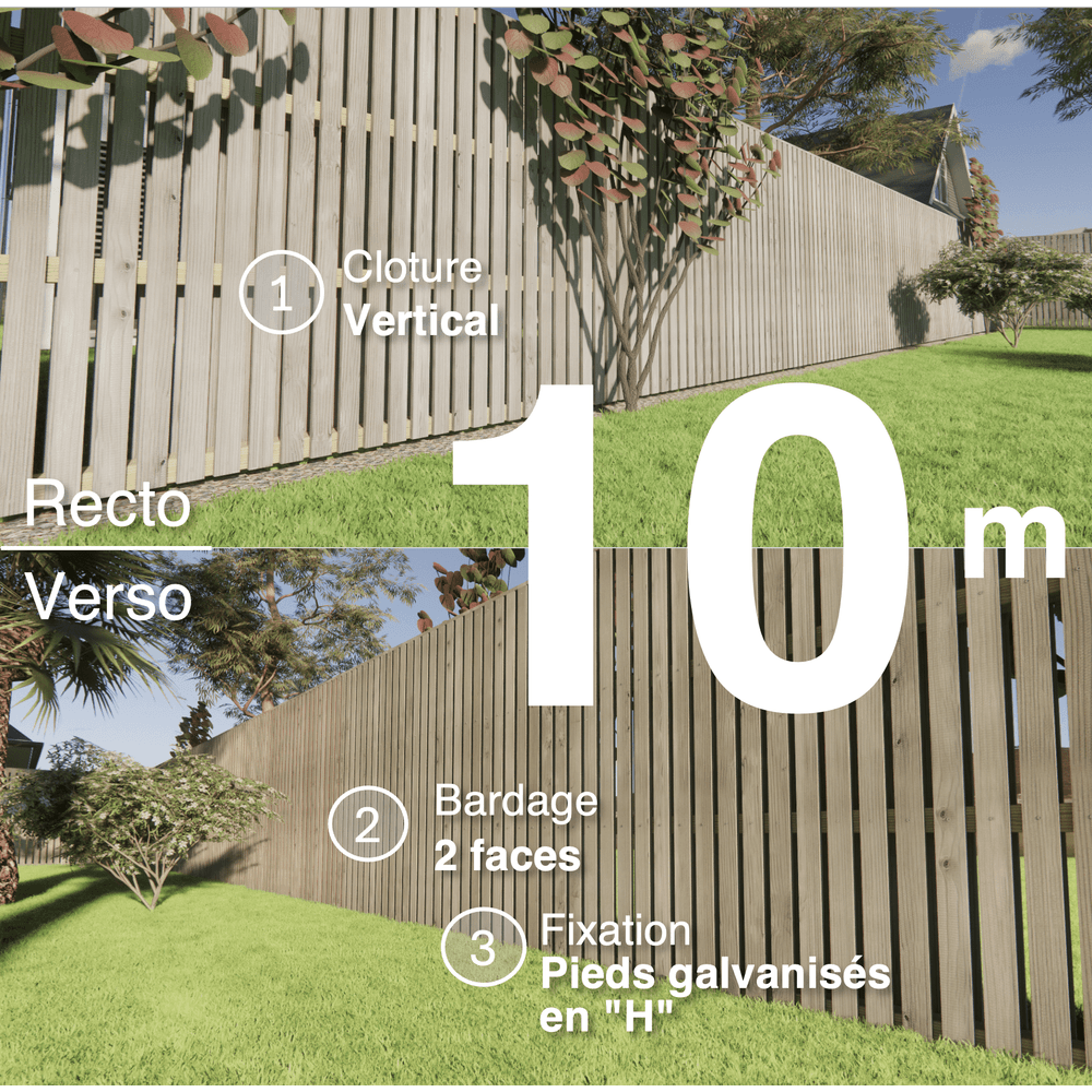 Kit clôture bois moderne 10m – h 1,9m – 20 x 70 mm autoclave gris – pose vertical – double face – support galva