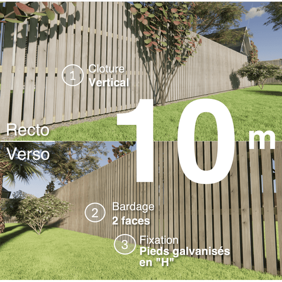 Kit clôture bois moderne 10m – h 1,9m – 20 x 70 mm autoclave gris – pose vertical – double face – support galva