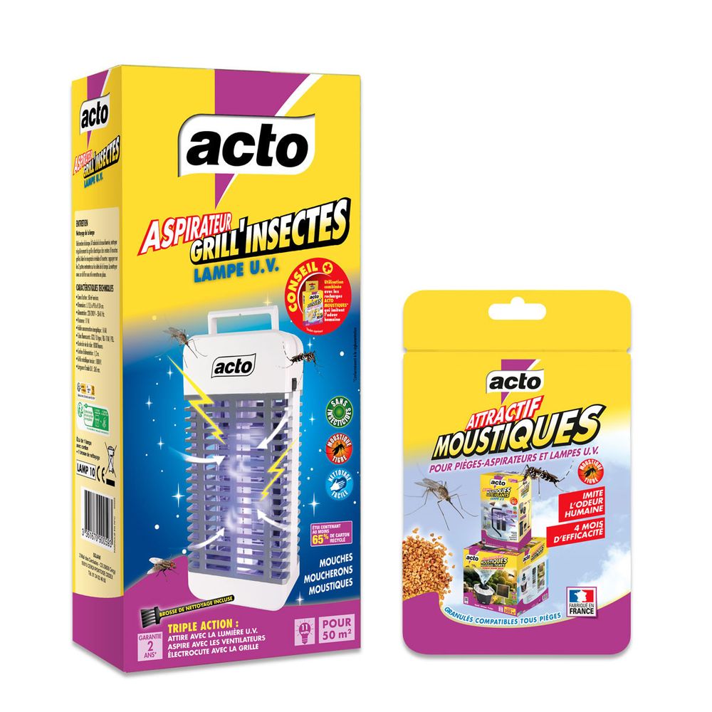 Pack lampe uv acto grill'insectes à aspirateur + granulés moustiques