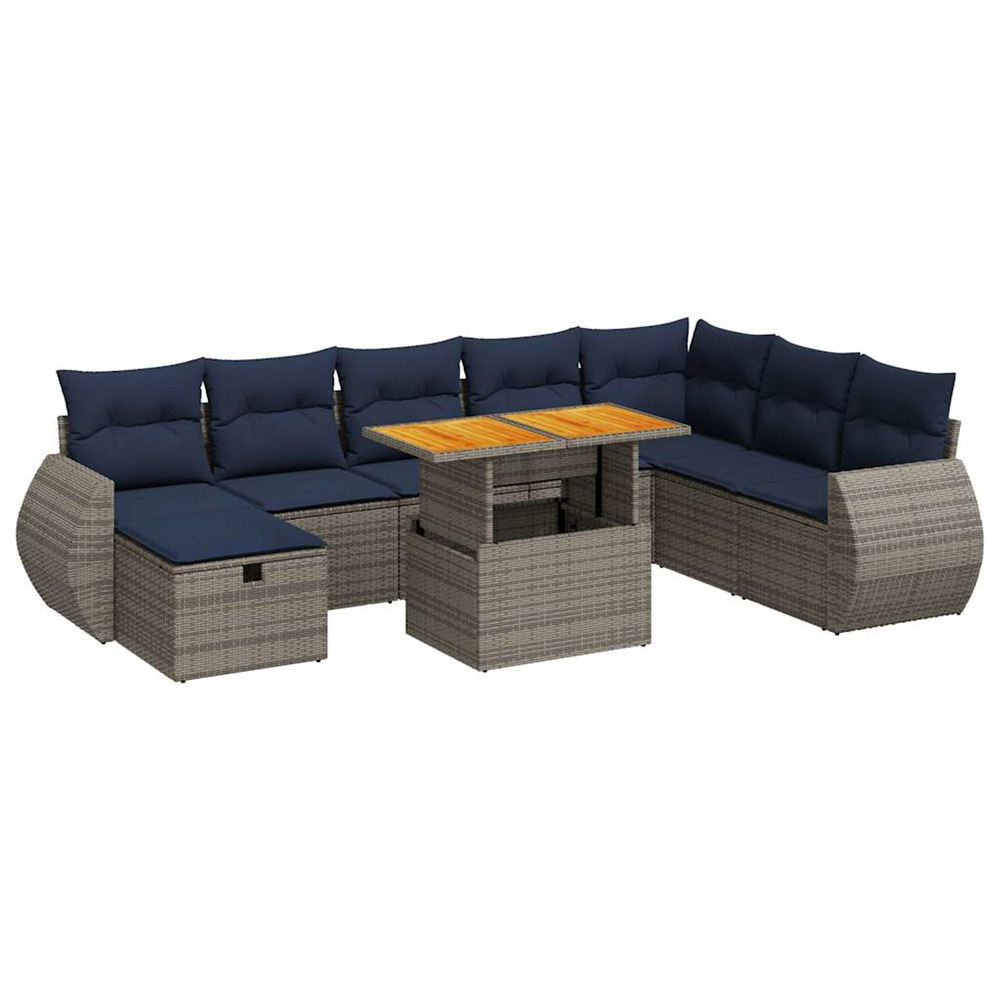 Salon de jardin avec coussins 9 pcs gris résine tressée acacia