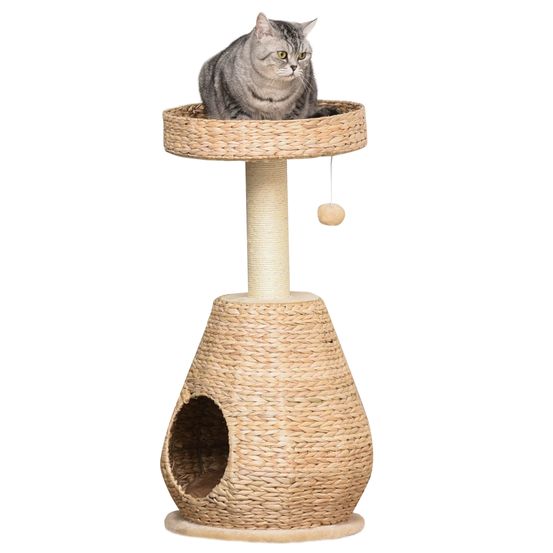 Arbre à chat niche tressée bois pour chats intérieur jouer dormir 82cm jaune