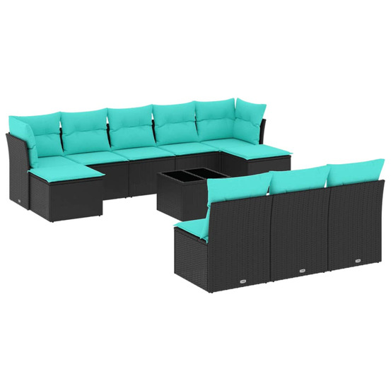 Salon de jardin 11 pcs avec coussins noir résine tressée