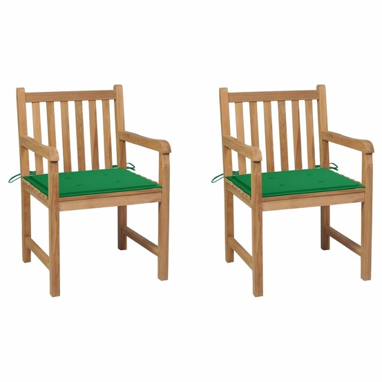 Chaises de jardin lot de 2 et coussins vert bois de teck massif