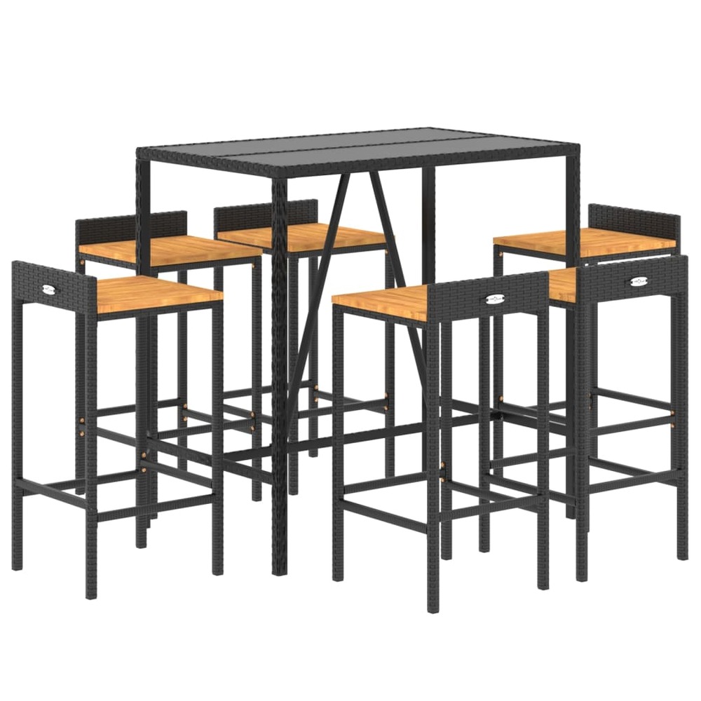 Ensemble de bar de jardin meuble extérieur terrasse 7 pièces noir poly rotin/bois massif acacia