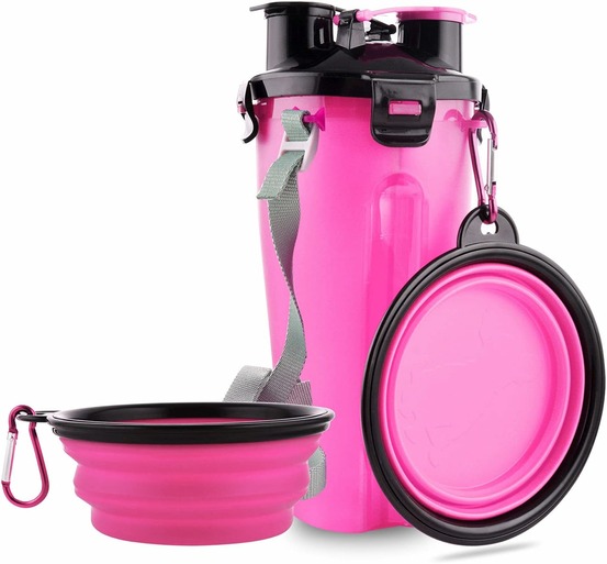 Bouteille d'eau pour chien avec 2 bols pliables portable 2 en 1 rose