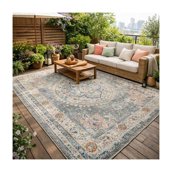 Tapis extérieur 80x150 tissé kilim gris et aleu salout a