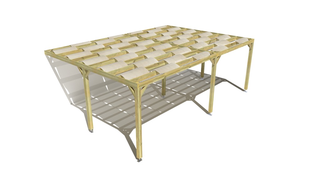 Pergola bois • 7m x 5m • adossée • sens largeur • voilage semi-transparent inclus • livraison comprise