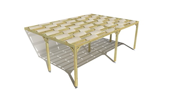 Pergola bois • 7m x 5m • adossée • sens largeur • voilage semi-transparent inclus • livraison comprise