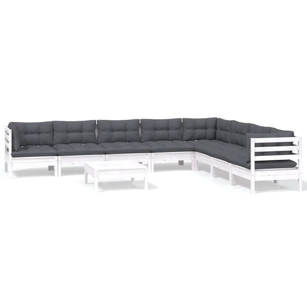 Salon de jardin 9 pcs avec coussins blanc bois de pin massif