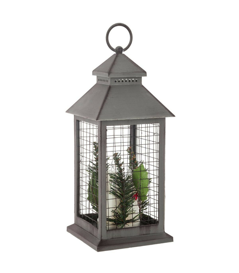 Déco de noël lumineuse lanterne grillagée avec 3 bougies 3 led h 31 cm