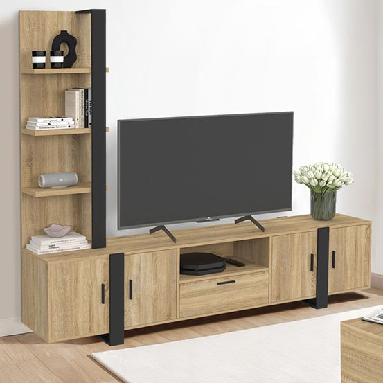 Ensemble meuble tv avec étagères et placard 200 cm phoenix bois et noir
