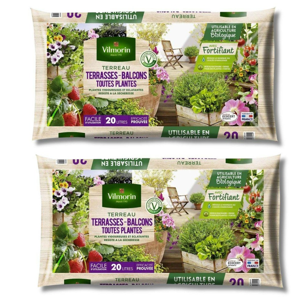 Terreau terrasses et balcons vilmorin, lot de 2 sacs de 20l