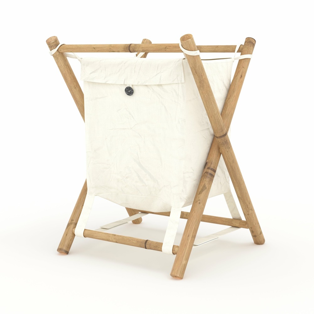 Bami-panier à linge pliable en tissu blanc et bambou