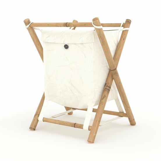 Bami-panier à linge pliable en tissu blanc et bambou