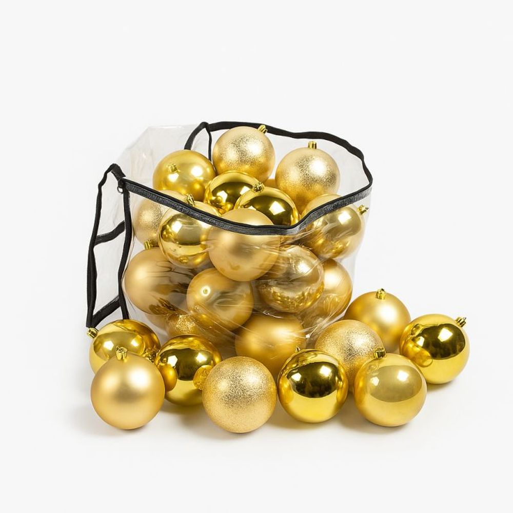 Lot de 27 boules de noël 12cm diamètre or (7 brillantes, 7 mates, 7 texturées, 6 opalines)
