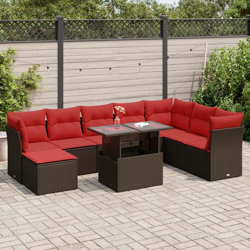 Salon de jardin avec coussins 9pcs marron résine tressée acacia