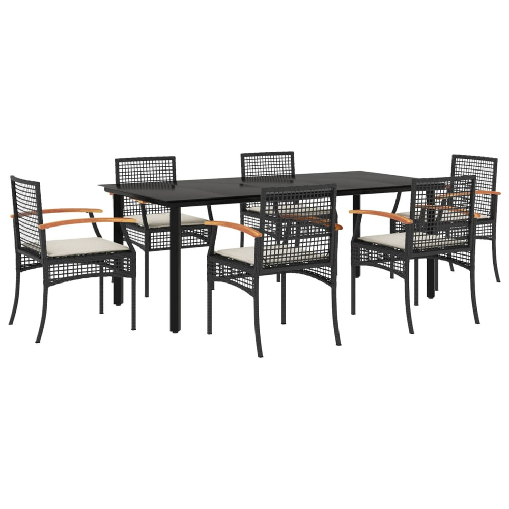 Ensemble à manger de jardin coussins 7pcs noir résine tressée