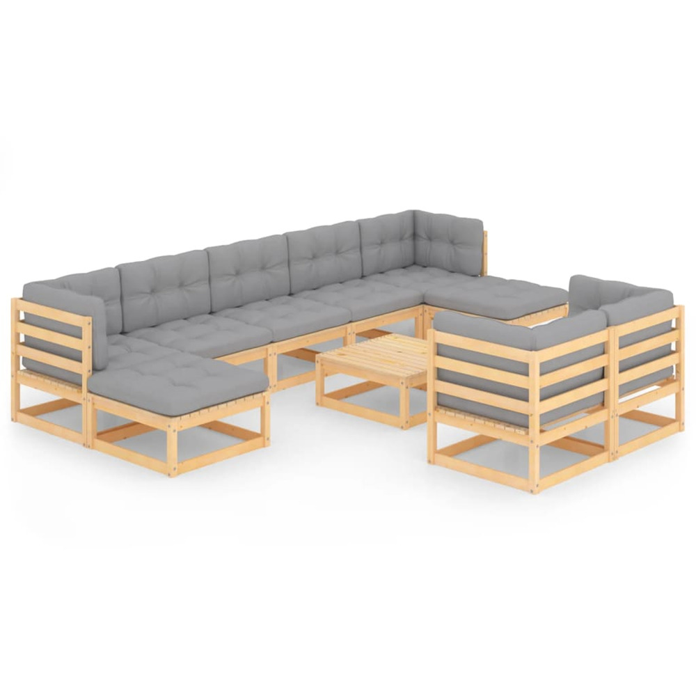 Salon de jardin 10 pcs avec coussins bois de pin massif
