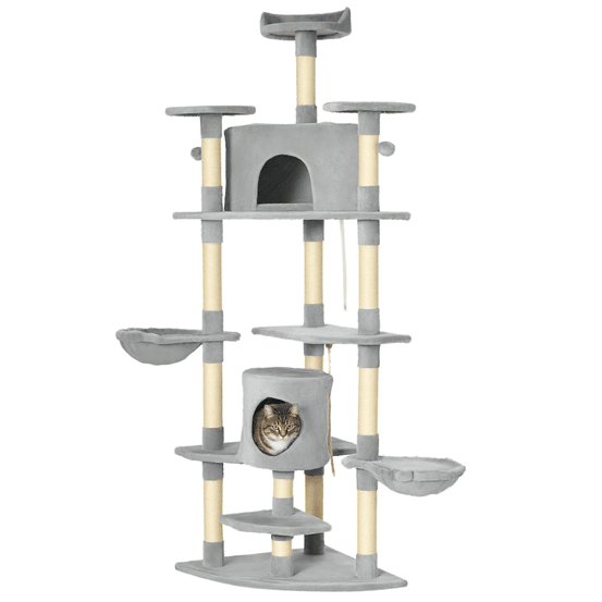 Grand arbre à chat xxl pour plusieurs chats avec 2 niches 2 hamacs et griffoirs en sisal 200 cm gris