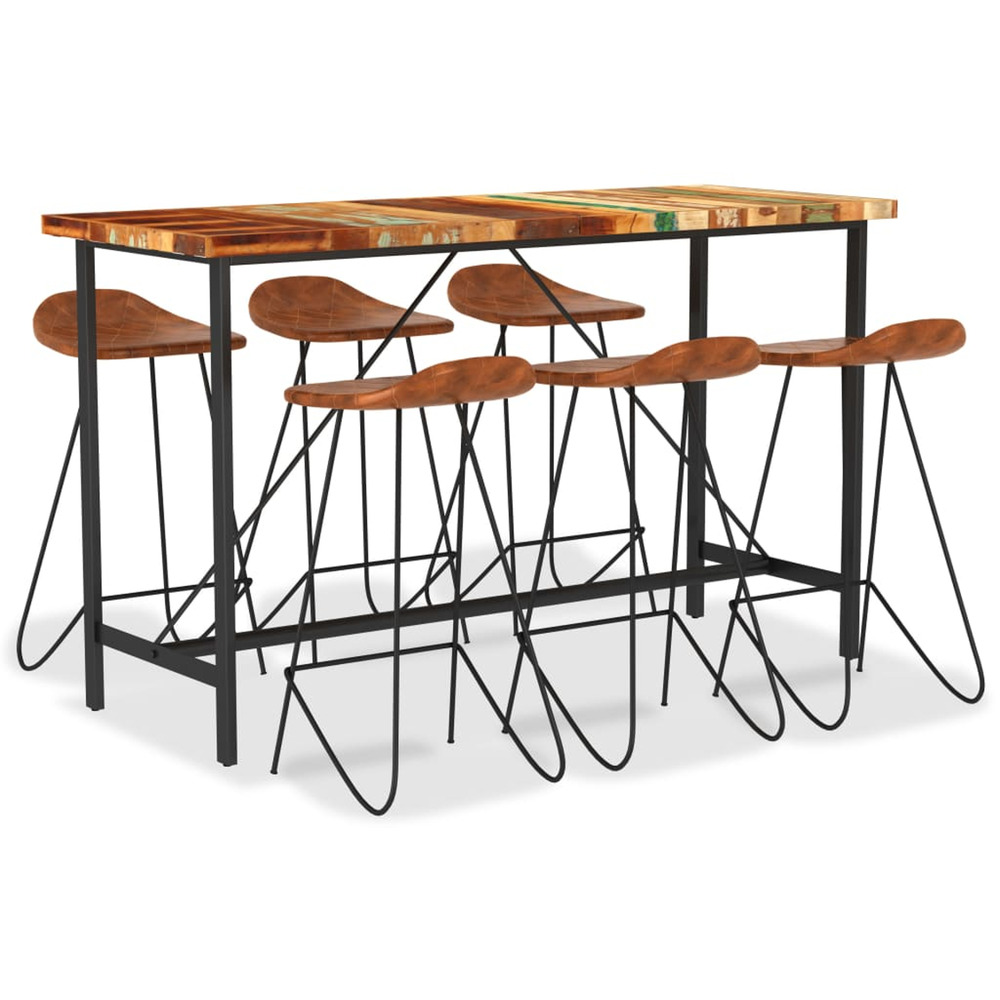 Ensemble de bar 7 pcs bois de récupération et cuir véritable