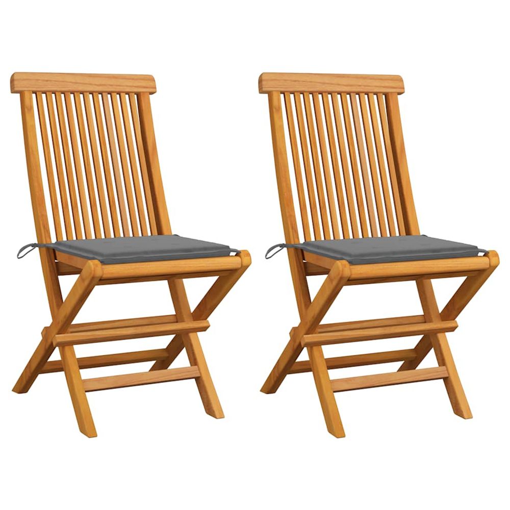 Chaises pliantes avec coussins gris, 2 pièces, en teck massif