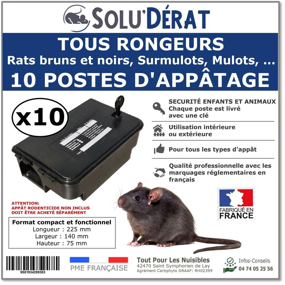 SOLU'DERAT - Postes d'appâtage sécurisés et professionnels pour rats et autres rongeurs - lot de 10 postes/stations