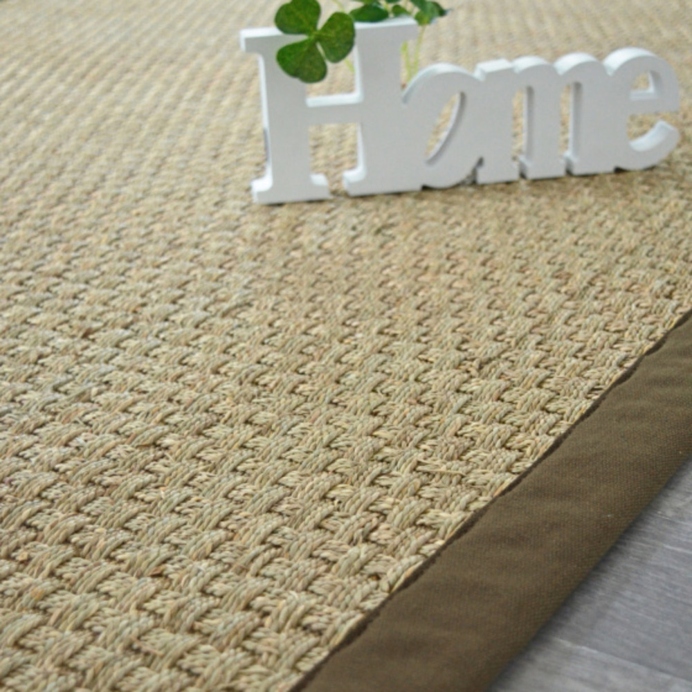 Tapis jonc de mer - paro fin natté 4x4 - ganse coton marron - 80 x 150 cm