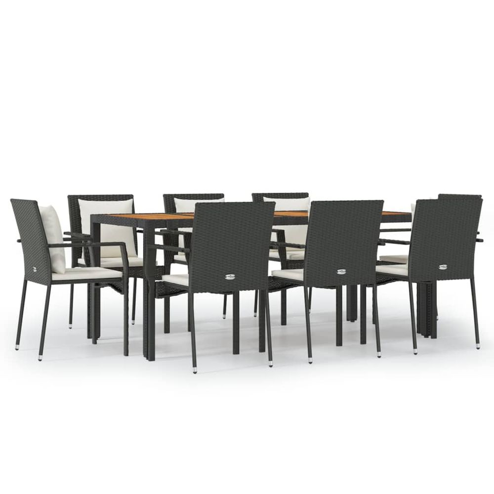 Ensemble à manger jardin 9pcs et coussins noir résine tressée