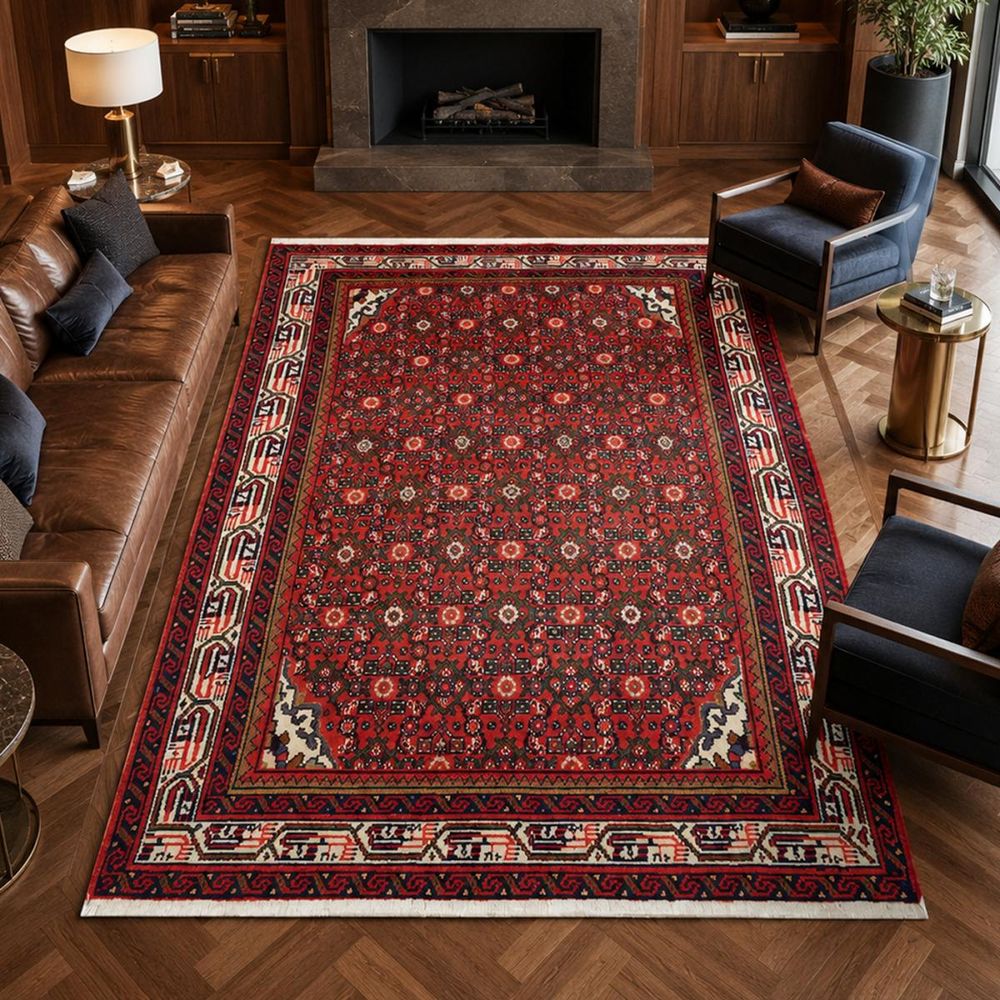 Tapis d'orient, 103 x 159 cm, rouge, bleu et crème, en laine, hamadan 43