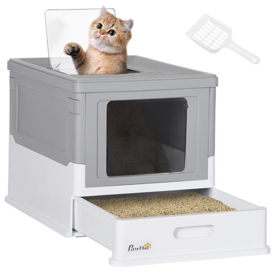 Maison de toilette pliable pour chat avec tiroir coulissant anti-projection 47,5 cm gris et blanc