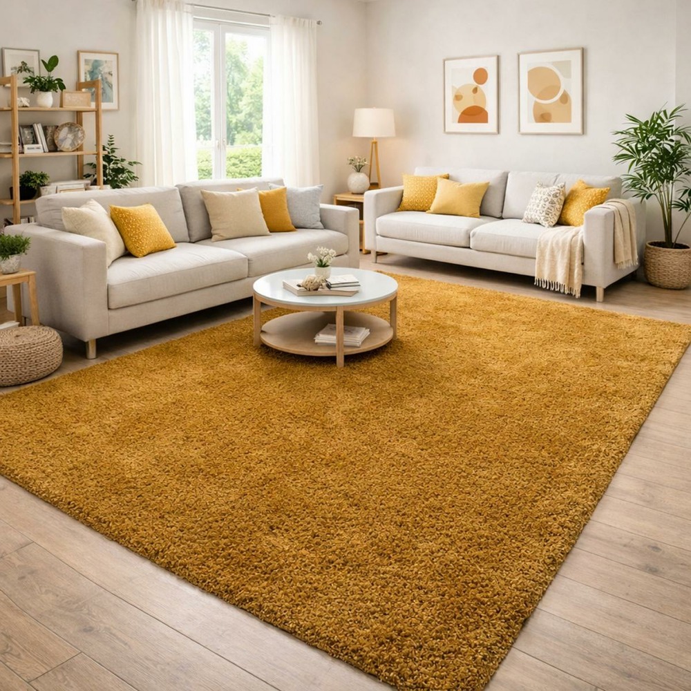 Tapis poils longs shaggy 140x200 rectangle tissé or motif uni uni i