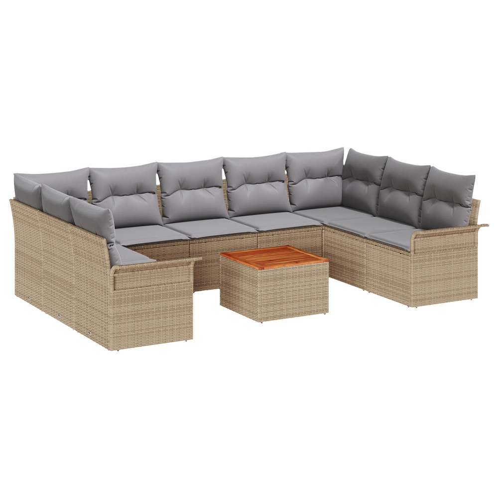 Ensemble de canapé de jardin 10 pièces avec coussins beige poly rattan acacia
