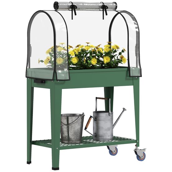 Potager surélevé 80x40x120 cm vert avec mini-serre roues freinées pour terrasse