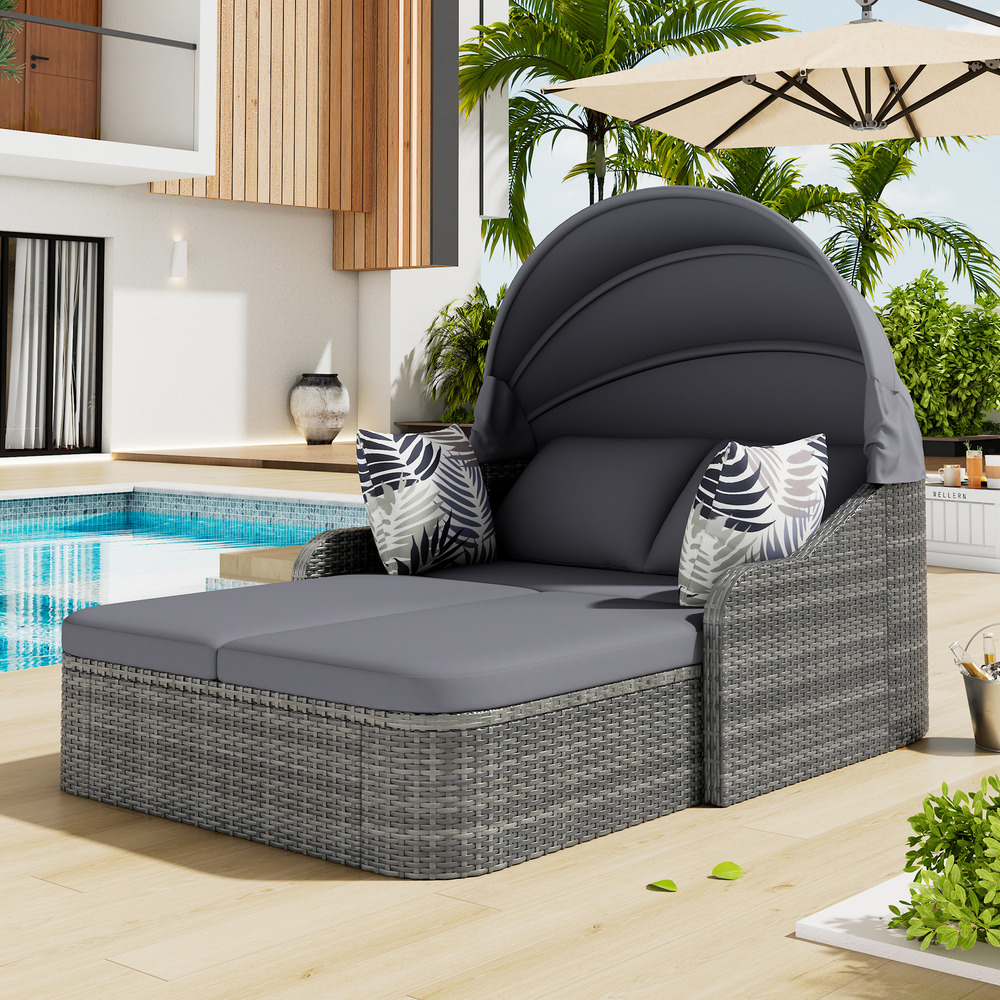 Ensemble de salon de jardin, îlot de détente avec auvent réglable, en rotin pe, pour jardin et piscine, gris