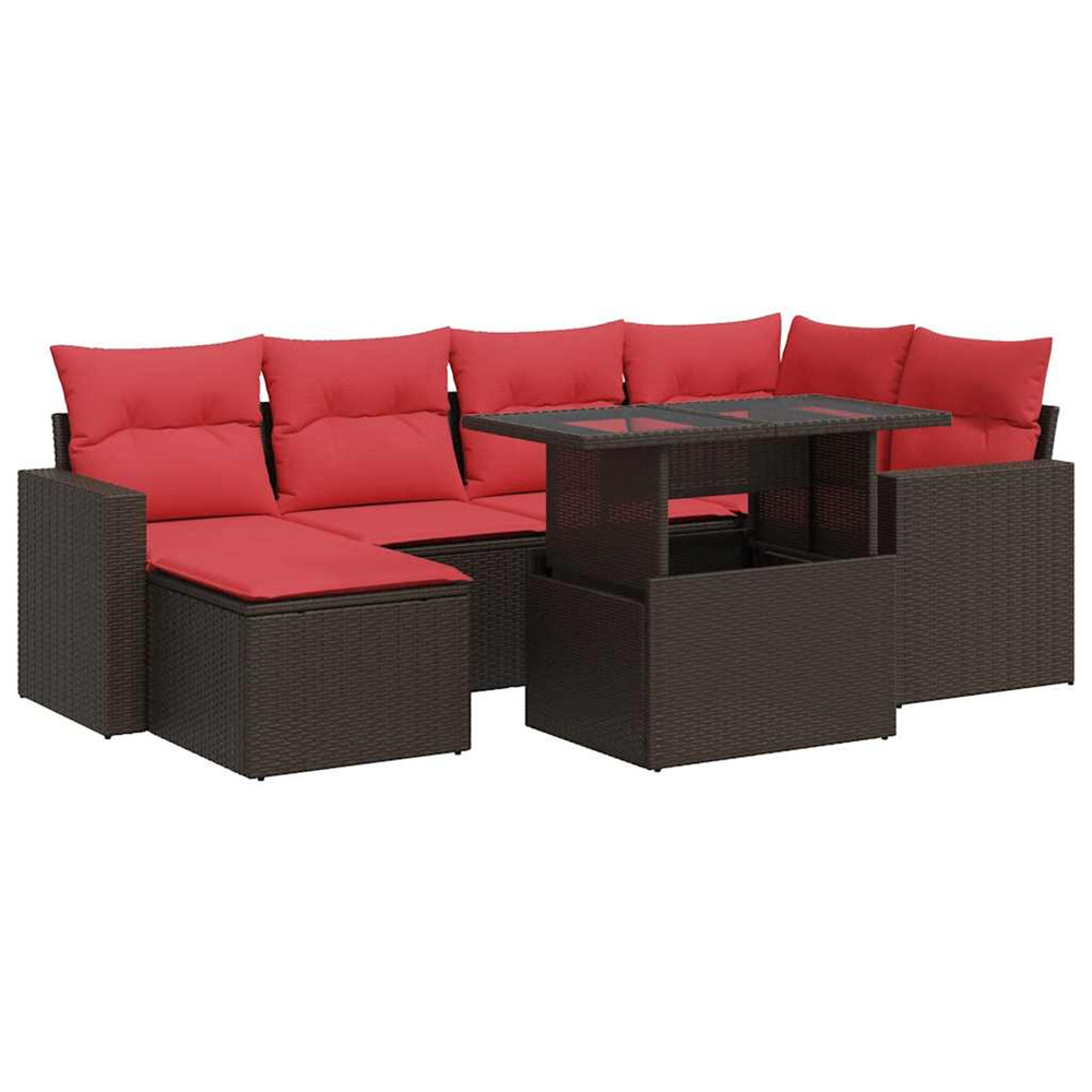 Salon de jardin avec coussins 7pcs marron résine tressée acacia