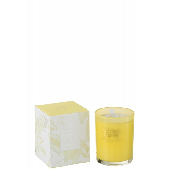 Bougie 70h dans photophore à fleurs jaune 11x11x14 cm