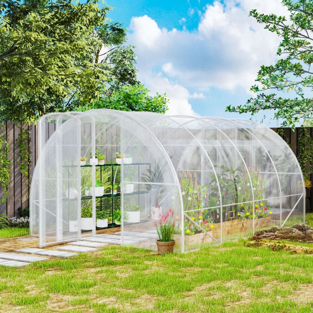 Serre tunnel polyéthylène et acier galvanisé 395 x 295 x 195 cm jardin potager 2 portes - comfortxl outdoor living
