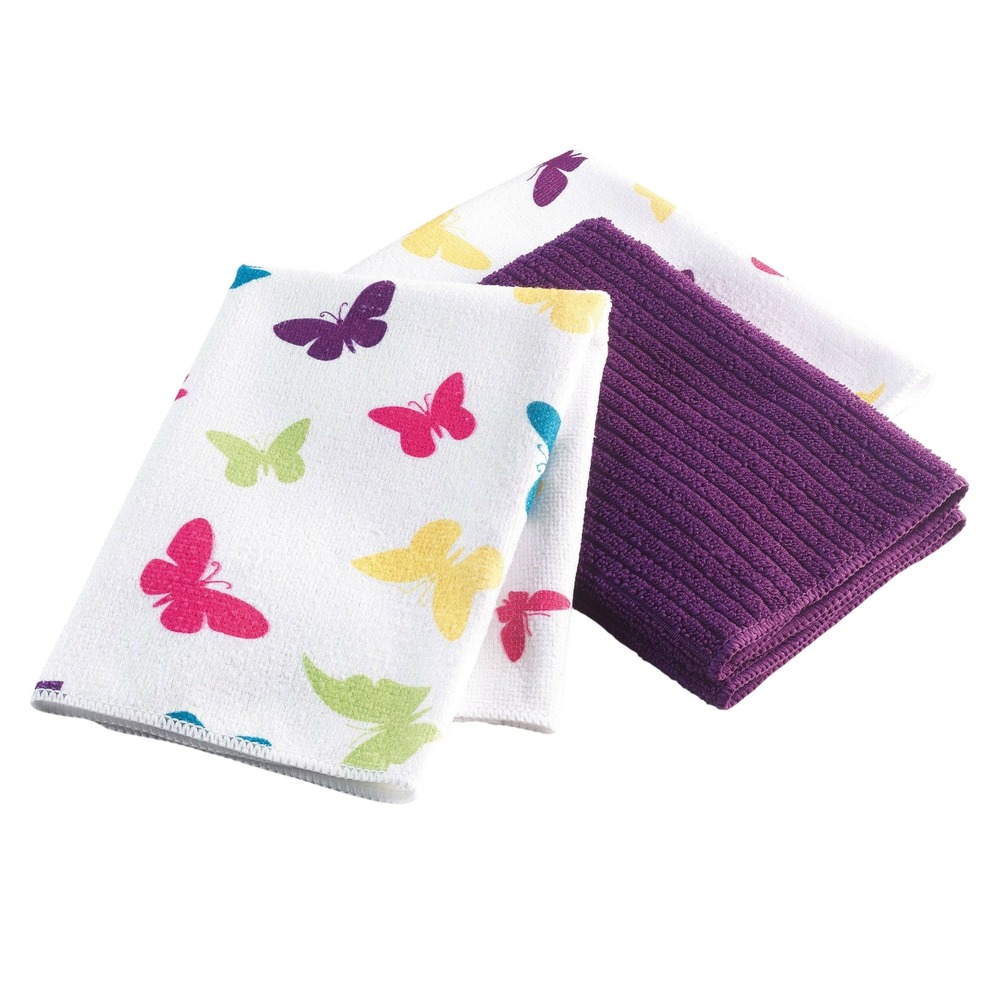 Lot de 3 torchons microfibre imprimé papillons
