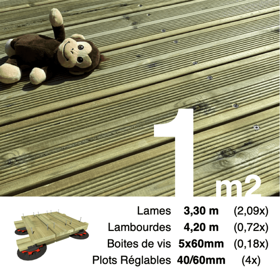 Kit complet terrasse pin autoclave vert pour 1 m², lames 3,3 m, lambourdes 4,2 m, plots réglables et visserie inox.