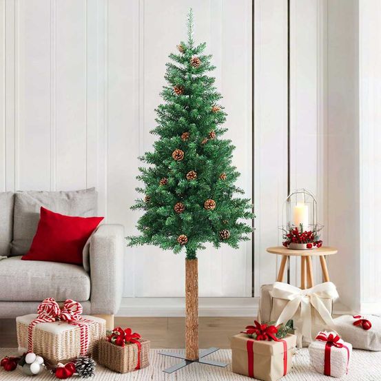 Sapin de noël mince avec tronc en bois véritable et cônes 180cm pvc
