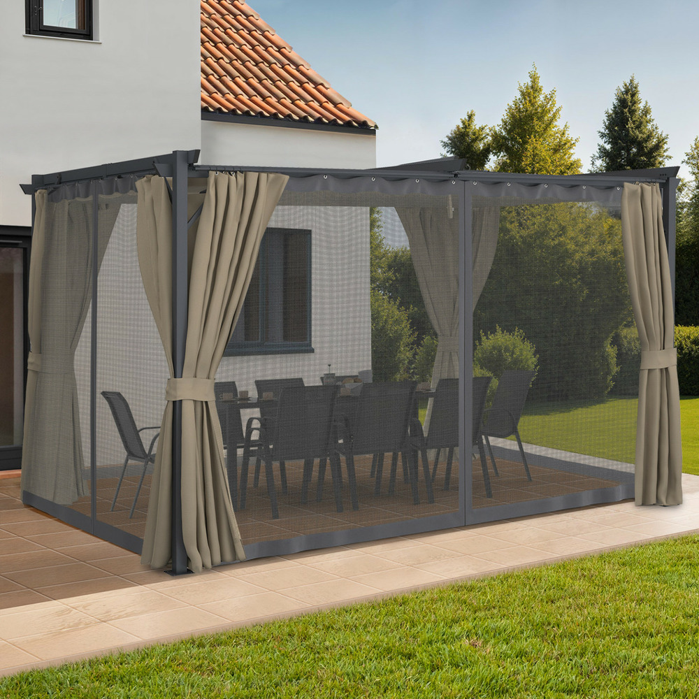 Pergola édition intégrale moustiquaire toit rétractable 3x4 m et 4 rideaux taupe