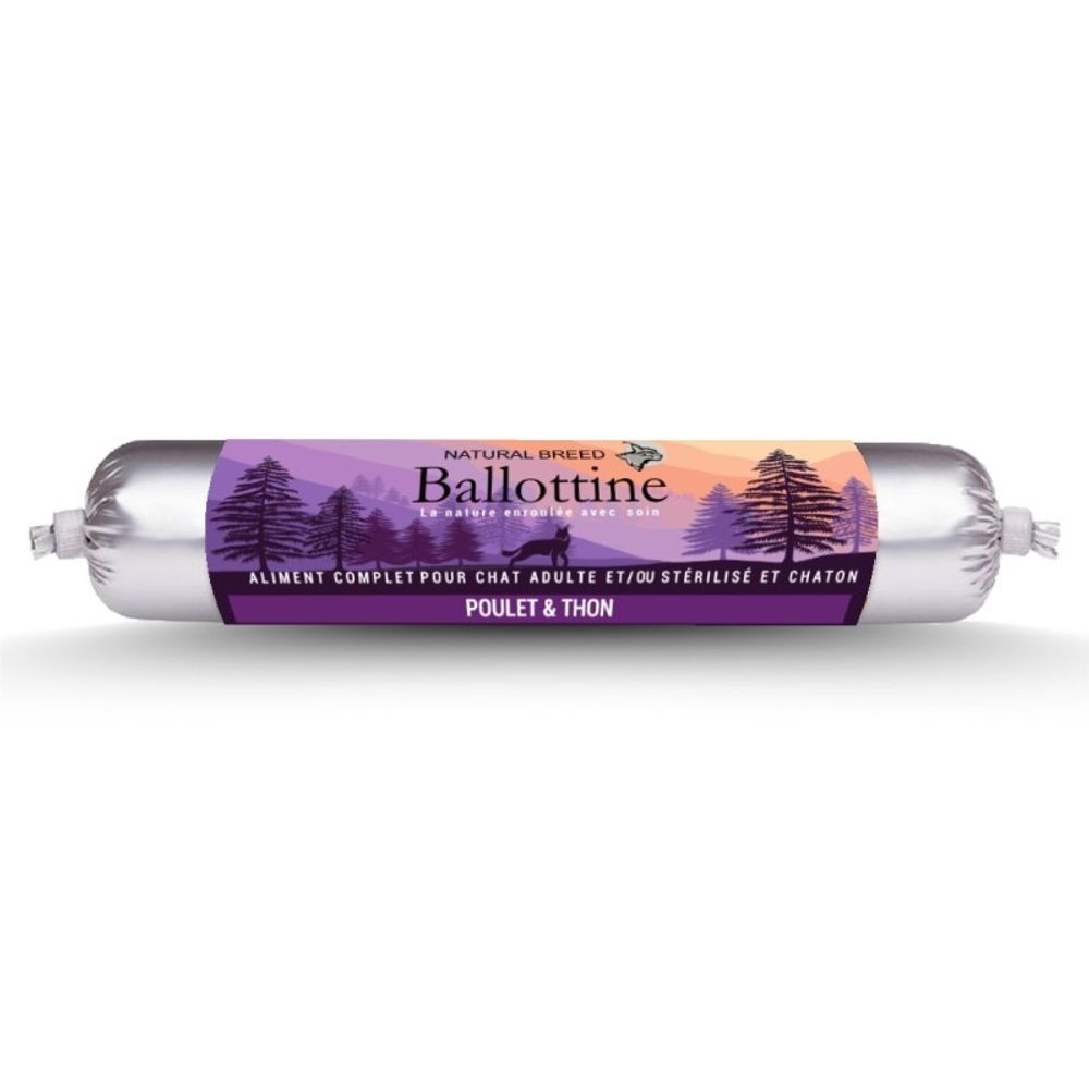Ballottine fraîche au thon – saucisse naturelle, repas humide complet pour chat et chaton – 12 x 100 g