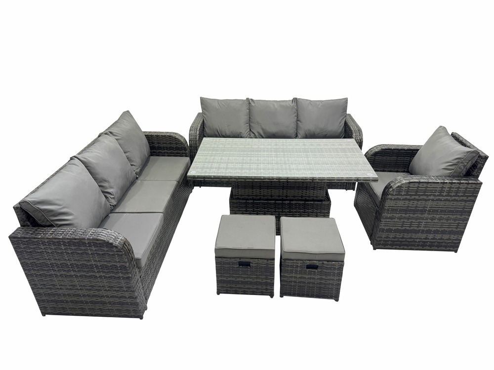 Salon de jardin table à manger réglable en hauteur canapé avec chaise inclinable 2 petits tabourets gris foncé mixte