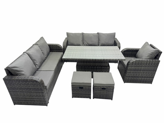 Salon de jardin table à manger réglable en hauteur canapé avec chaise inclinable 2 petits tabourets gris foncé mixte